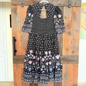 Anthropologie Dasha Smocked Midi Dress Black Floral Boho XL Lined Puff Sleeves